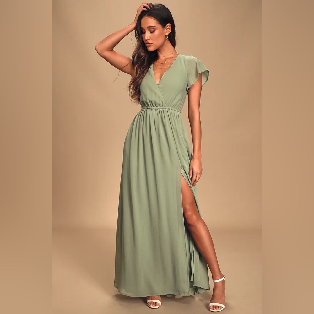 Lulus Sage Green Wedding Guest / Bridesmaid Maxi Dress Thigh Slit XS Petite